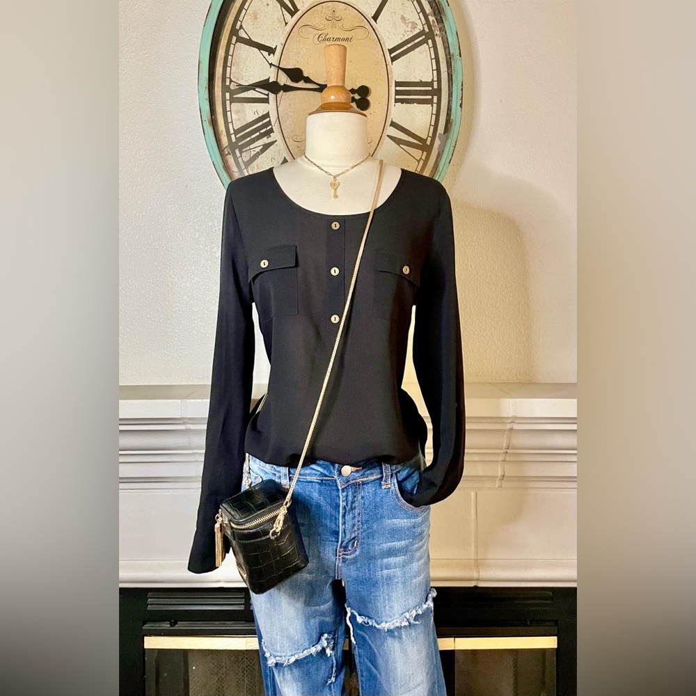 Miss Daisy Black Long Sleeve Back Button Down Top